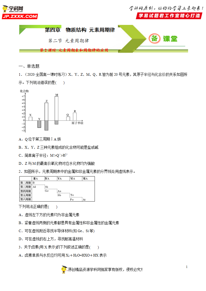 专题4.2.2 元素周期表和周期律的应用（备作业）-【上好化学课】2020-2021学年高一上学期必修第一册同步备课系列（人教版2019）（原卷版）_01.png