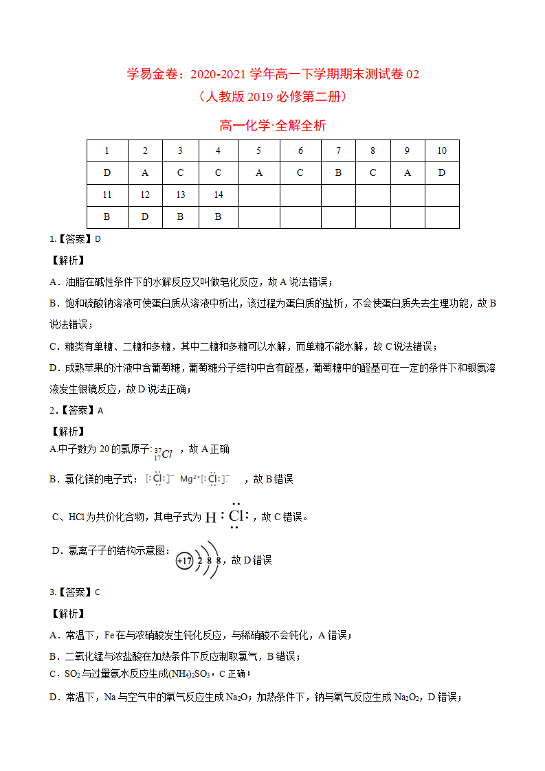 学易金卷：2020-2021学年高一化学下学期期末测试卷（人教版2019江苏专用）02（全解全析）_01.png