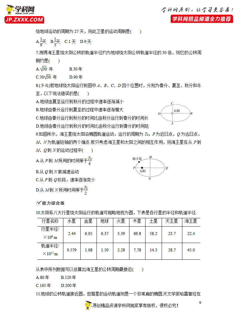 7.1行星的运动-2021-2022学年高中物理同步训练讲义（人教版2019必修第二册）（原卷版）_06.png