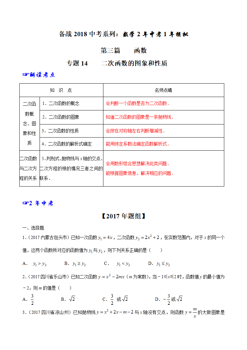 专题14 二次函数的图象和性质-2年中考1年模拟备战2018年中考数学精品系列（原卷版）_01.png