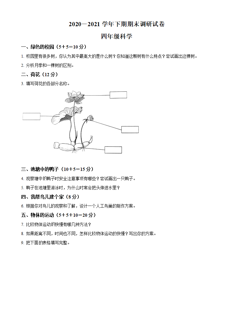 精品解析：-学年河南省新乡市卫辉市粤教版四年级下册期末调研科学试卷（原卷版）_01.png
