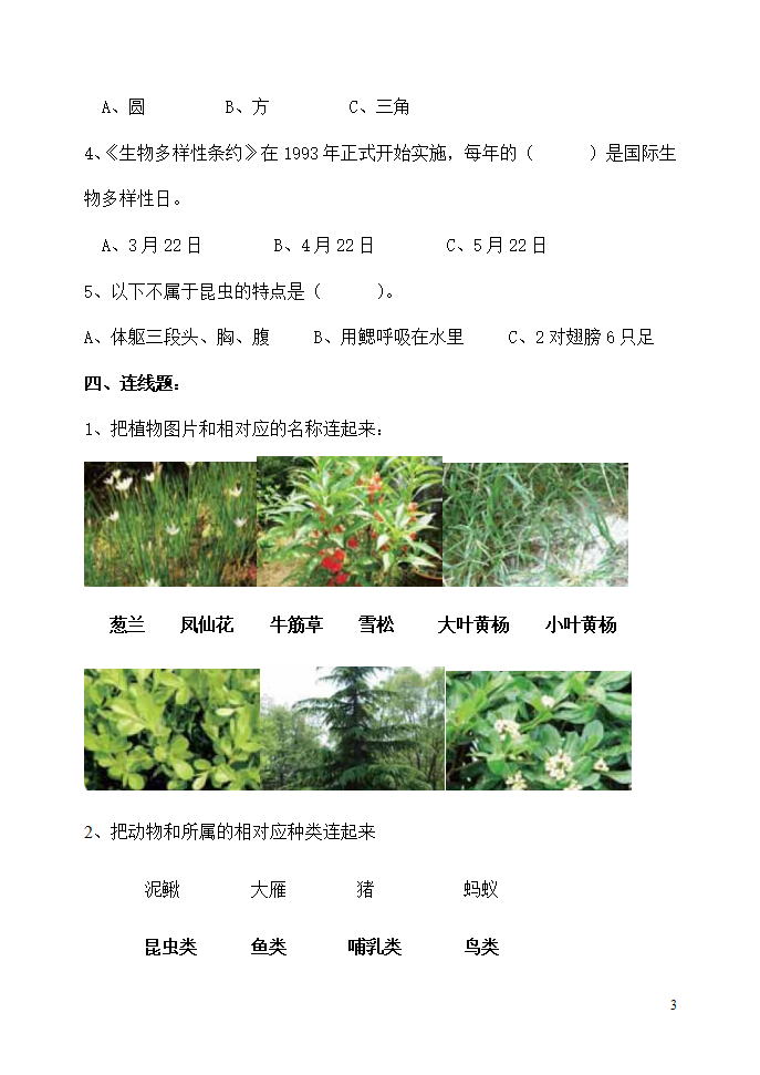 教科版修订版六年级科学上册第四单元《生物的多样性》测验_03.png