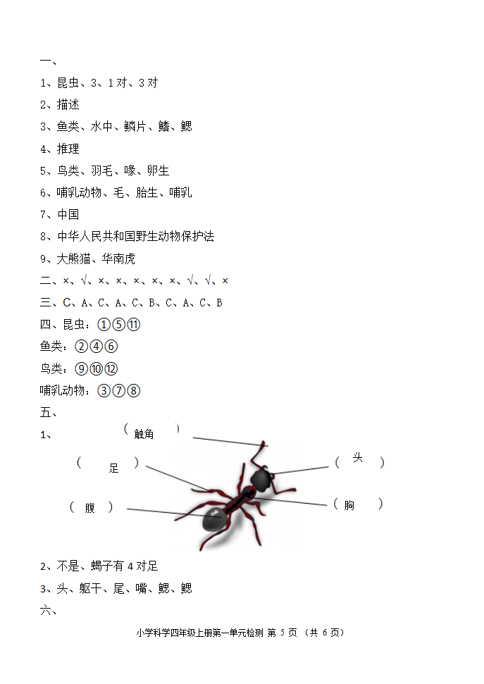 青岛版（六三制2017秋）四年级科学上册试第一单元《动物王国》测试卷（含答案）_05.png