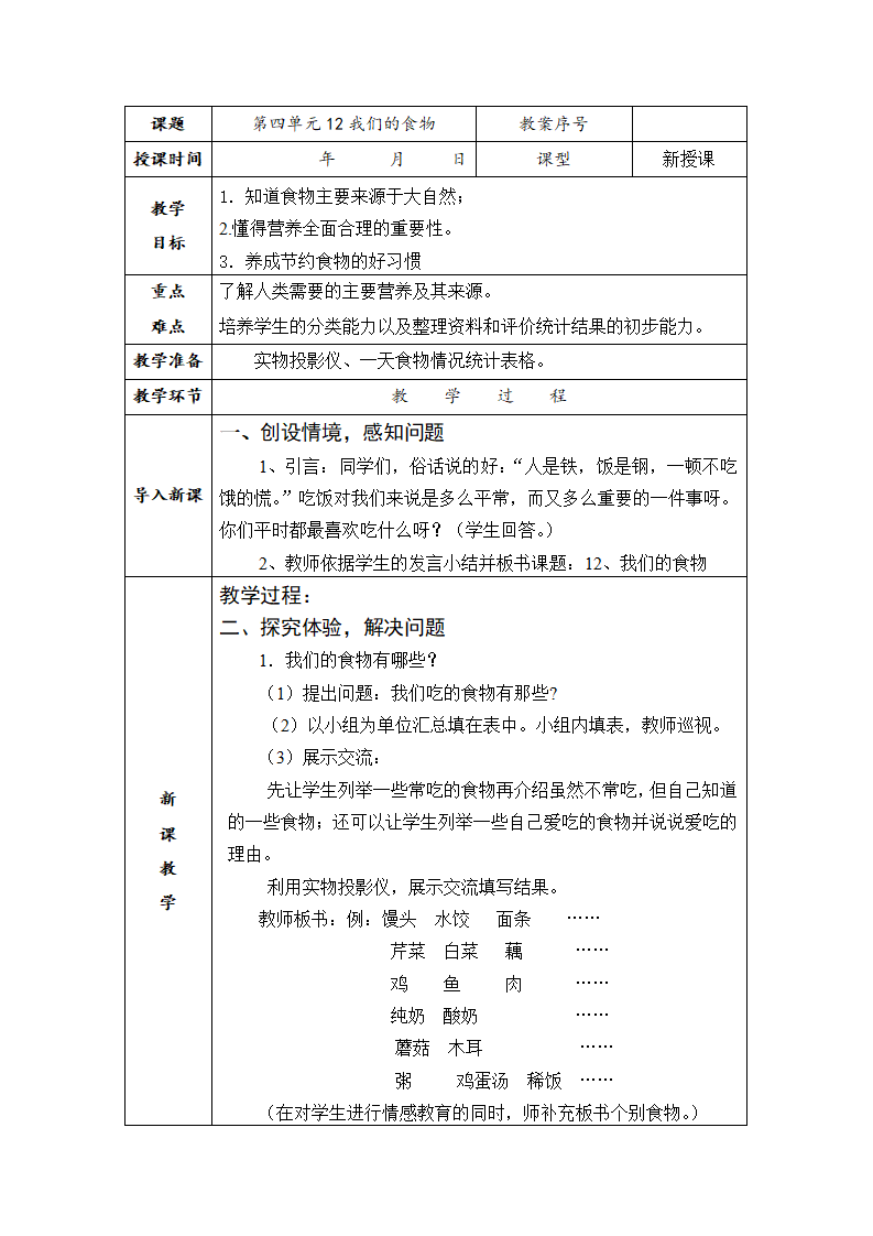 青岛版科学二年级上册第12课我们的食物教案表格式_01.png