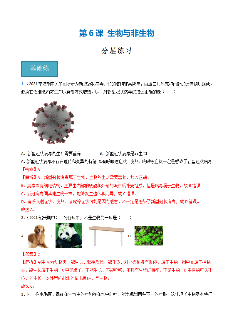第06讲 《生物与非生物》（分层练习）-（浙教版）（解析版）0164_01.png