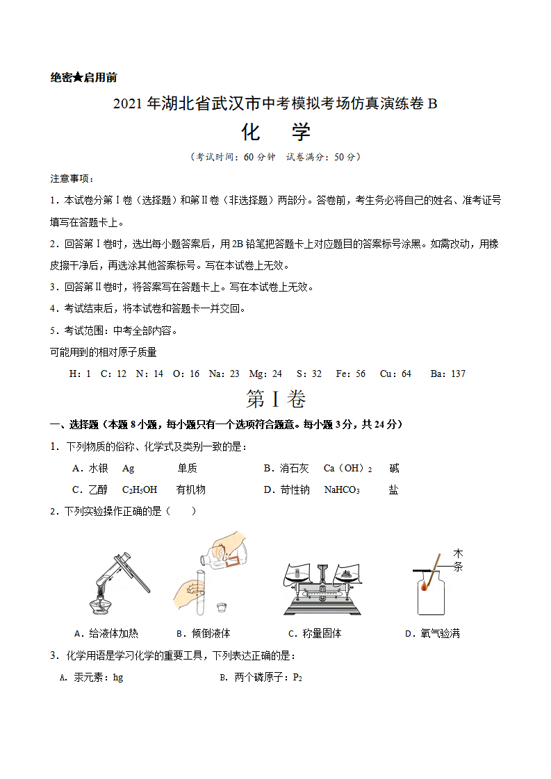 考场仿真卷B（武汉卷）-2021年中考化学模拟考场仿真演练卷（考试版）_01.png