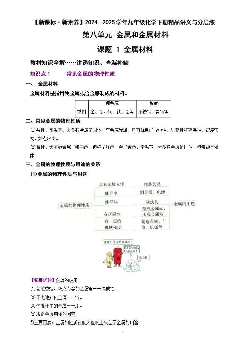 第8单元 课题 1 金属材料-【新课标·新素养】2024-2025学年九年级化学下册精品讲义 分层练（人教版2024）_01.png