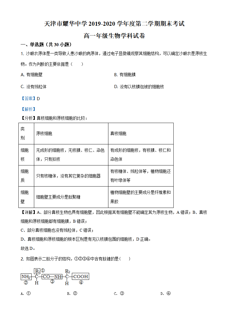 精品解析：天津市耀华中学2019-2020学年高一下学期期末生物试题（解析版）_01.png