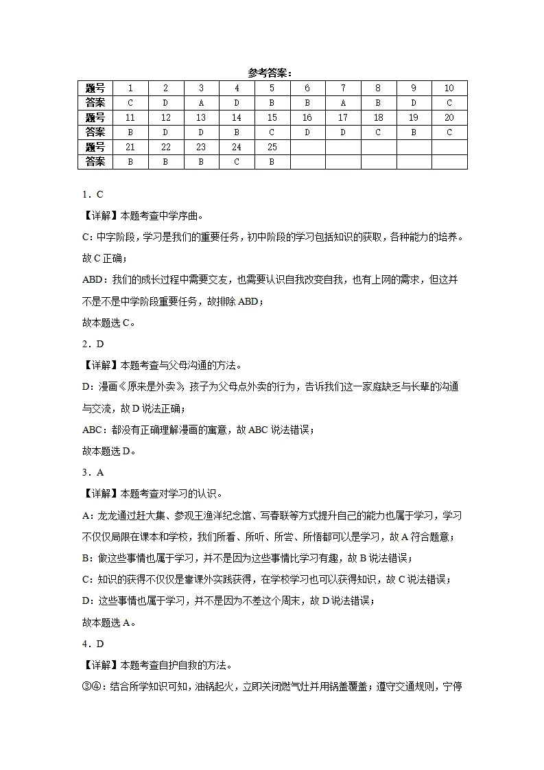 七年级道德与法治期末模拟试题二 答案解析_01.webp