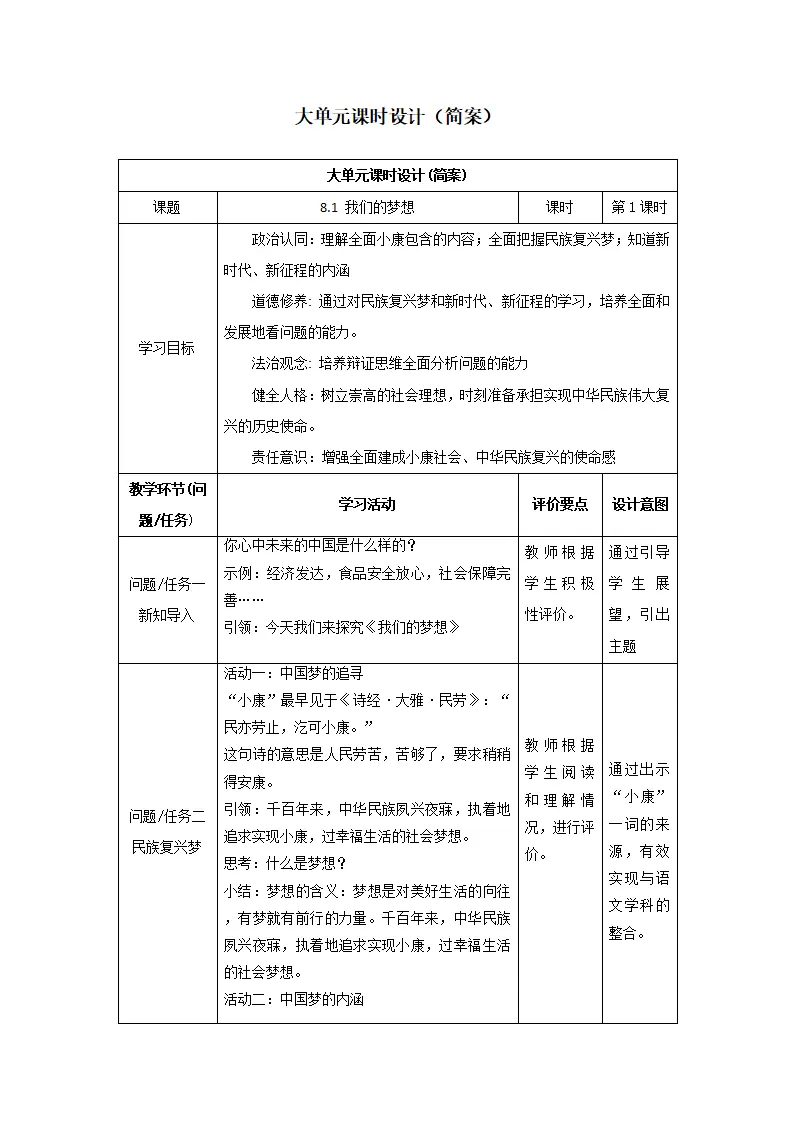 （大单元教学设计）道德与法治九上 8.1 我们的梦想 教案_01.webp