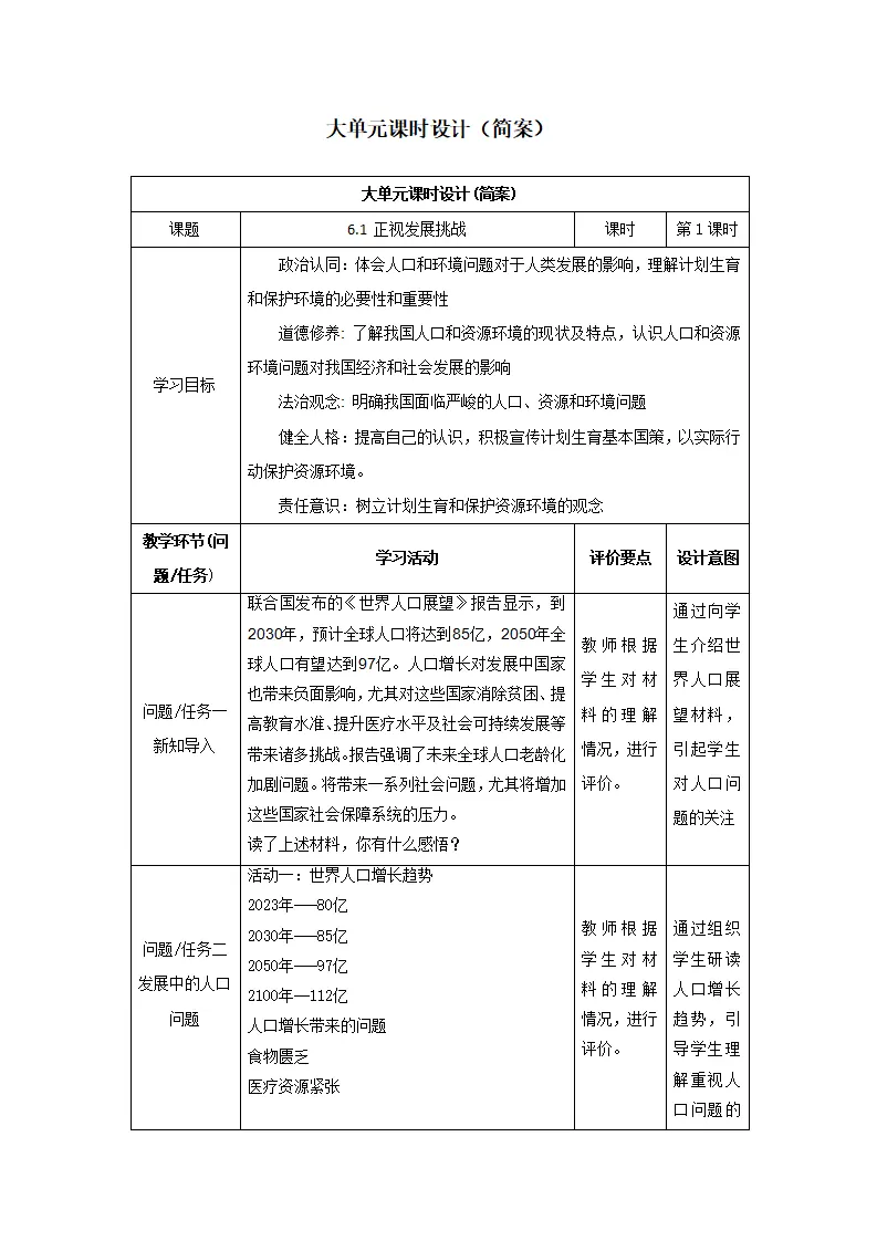 （大单元教学设计）道德与法治九上 6.1 正视发展挑战 教案_01.webp