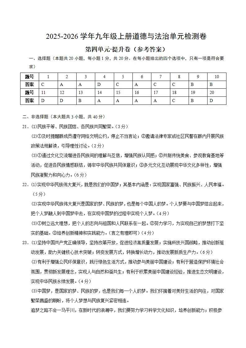（2026版）第四单元 和谐与梦想（单元测试·提升卷）（答案及评分标准）_01.webp