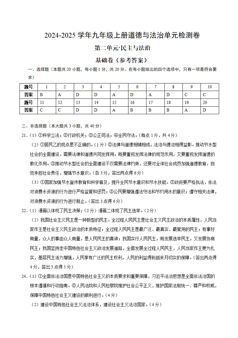 （2026版）第二单元 民主与法治（单元测试·基础卷）（答案及评分标准）_01.webp