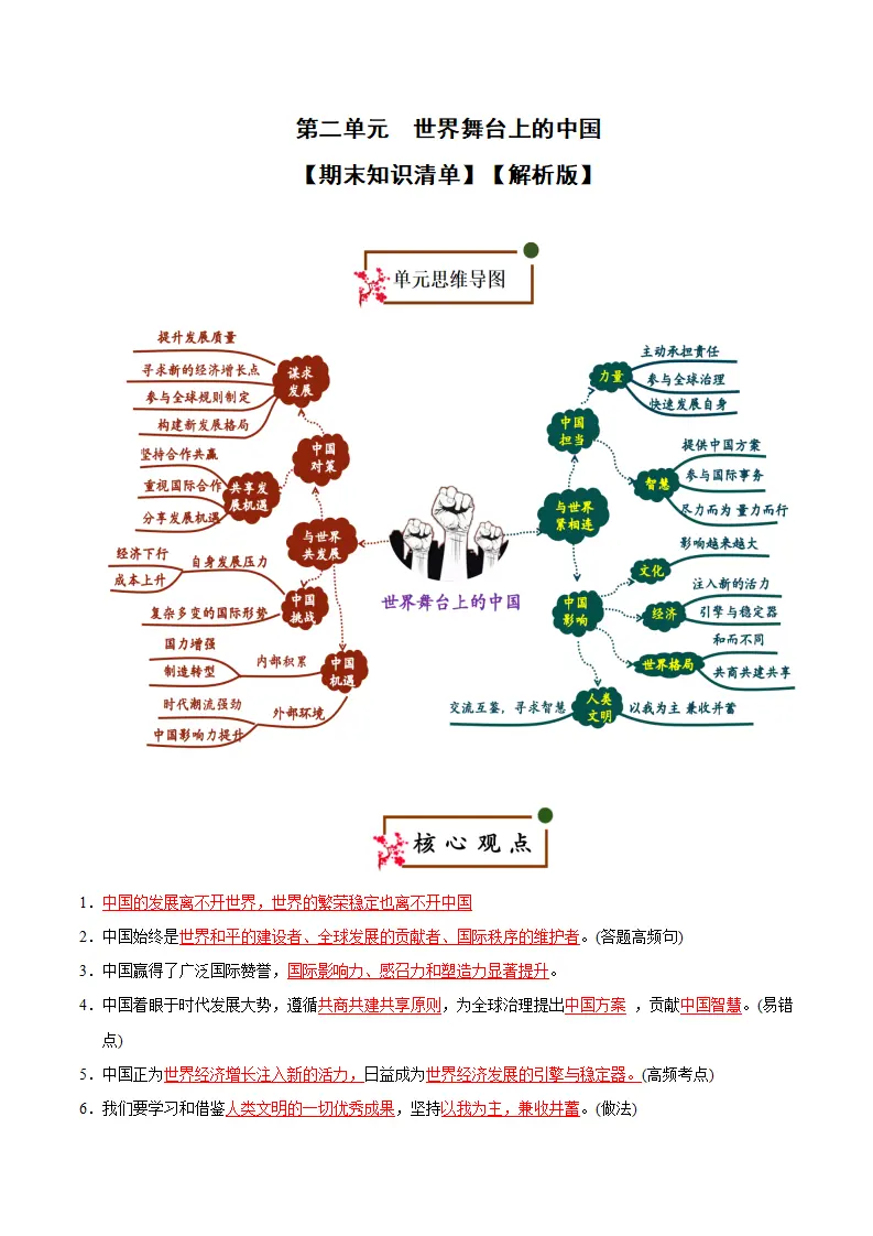 （2026版）第二单元 世界舞台上的中国（期末复习清单）（教师版）_01.webp