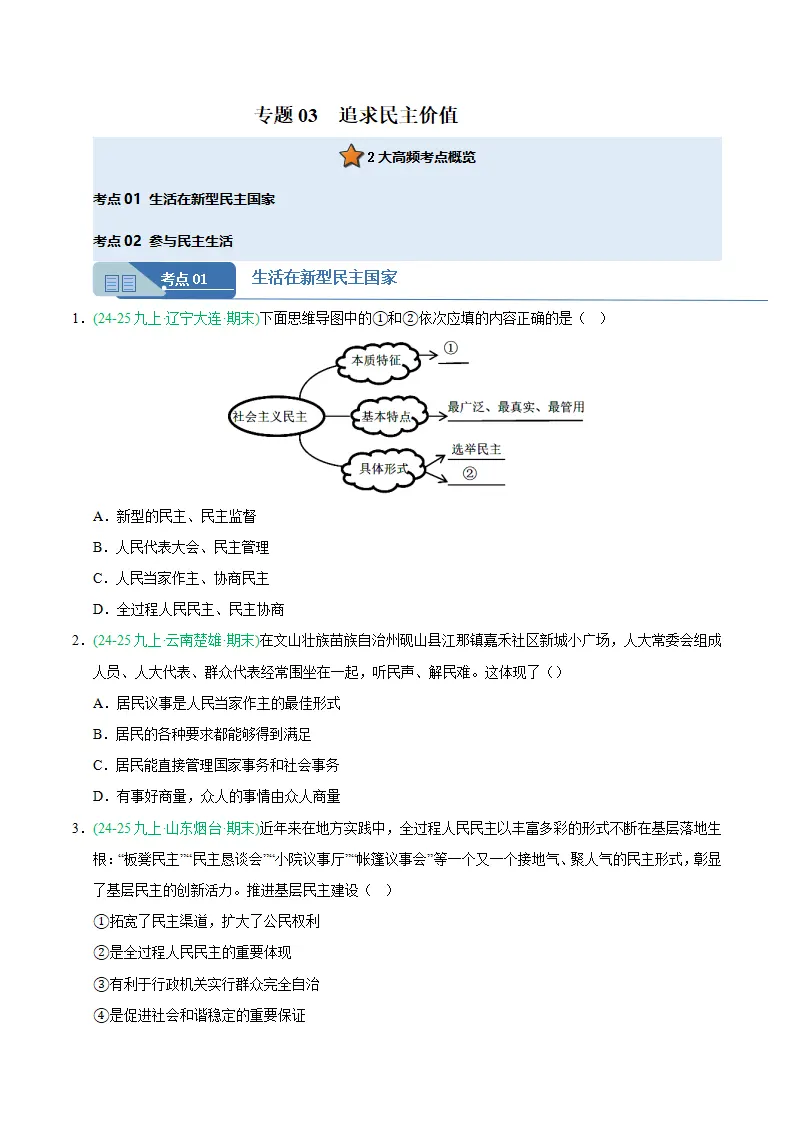 专题03 追求民主价值（期末真题汇编，统编版）九年级道德与法治上学期（原卷版）_01.webp